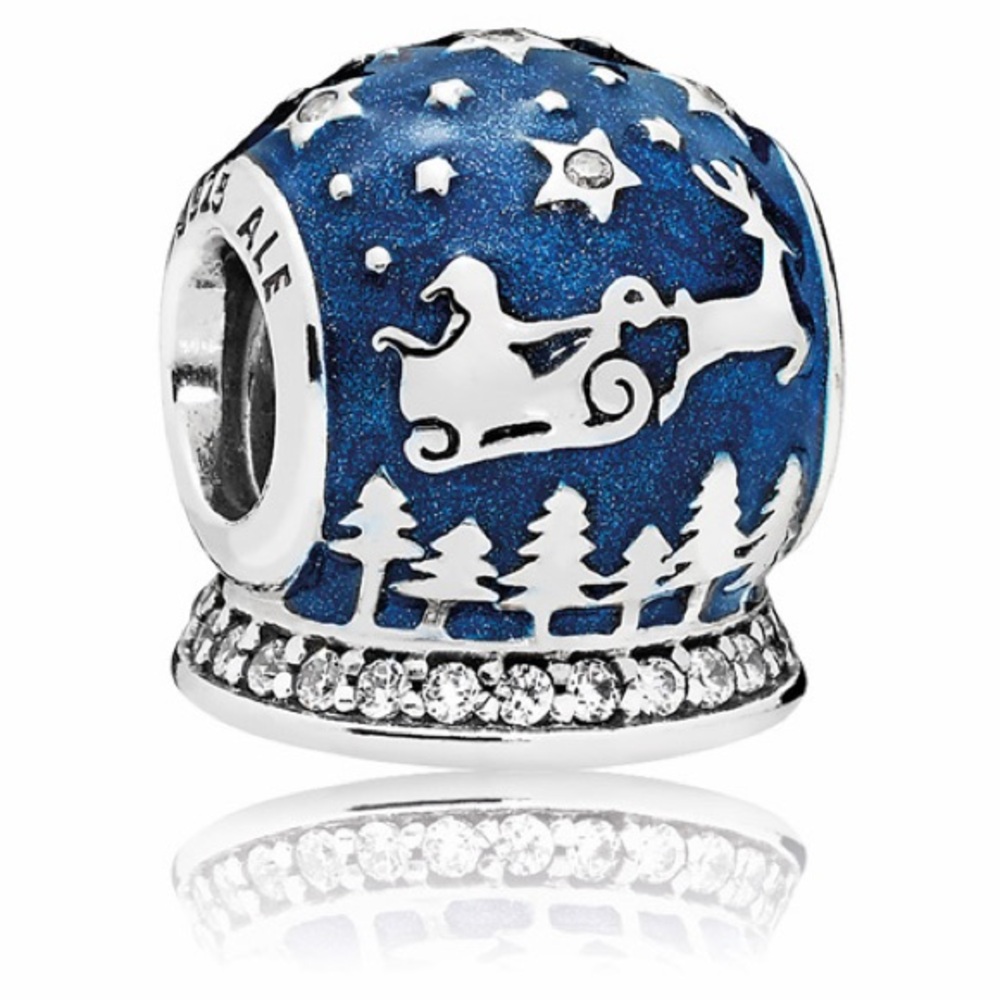 Pandora Silver-Tone Blue Enamel Holiday Christmas Night Snow Globe Charm